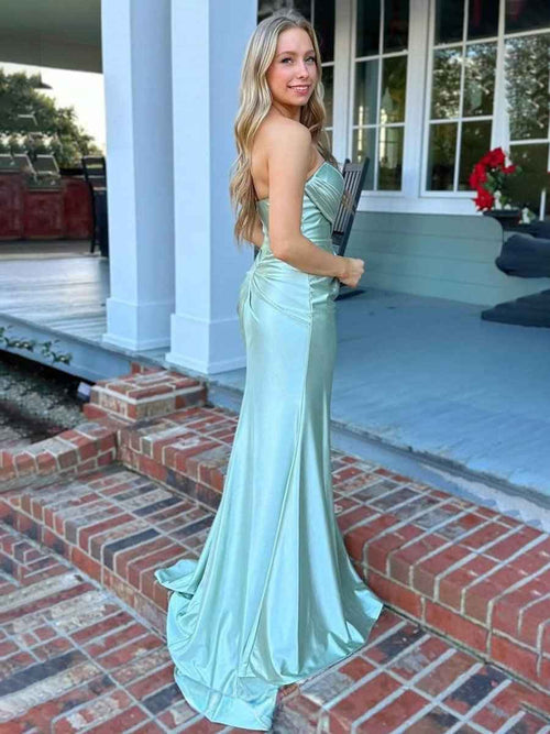 Sage Mermaid Pleats Strapless Long Prom Dress with Slit BMBRIDE