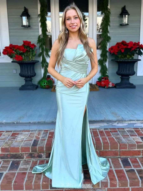 Sage Mermaid Pleats Strapless Long Prom Dress with Slit BMBRIDE