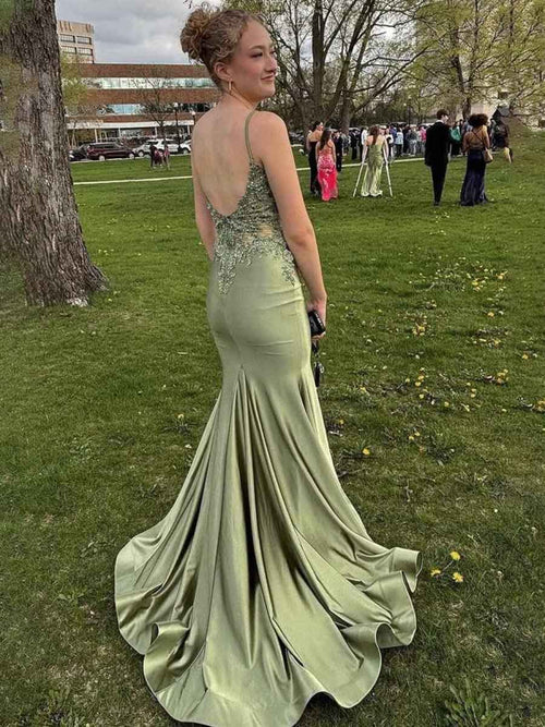 Sage Mermaid Spaghetti Straps Long Prom Dress with Appliques BMBRIDE