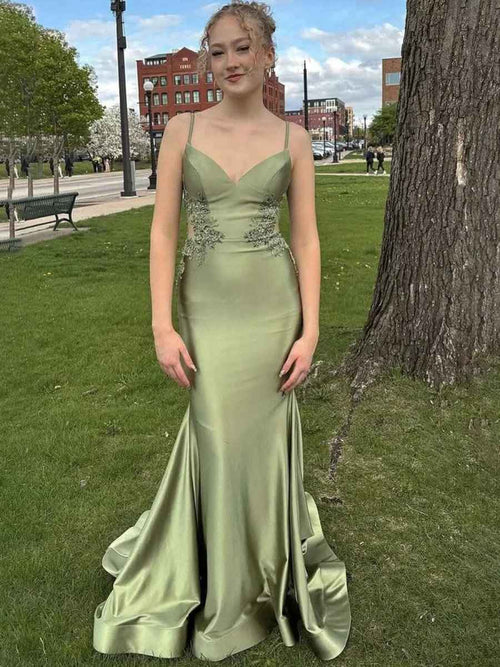 Sage Mermaid Spaghetti Straps Long Prom Dress with Appliques BMBRIDE