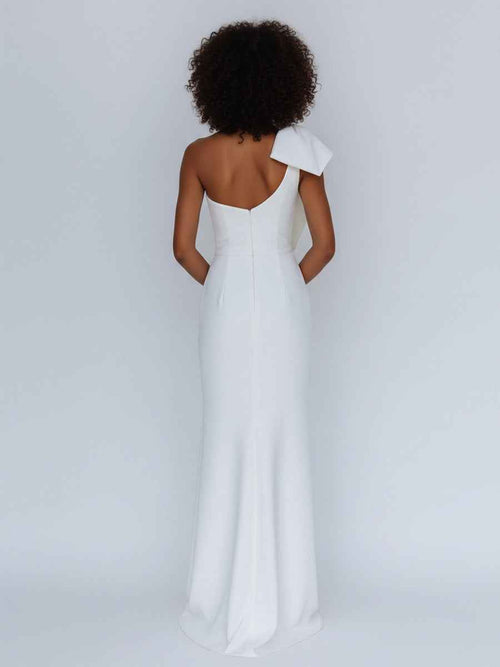 Satin One Shoulder Ruched Long Prom Dress with Bow BMBRIDE