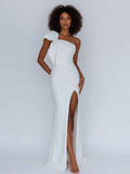 Satin One Shoulder Ruched Long Prom Dress with Bow