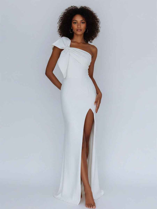 Satin One Shoulder Ruched Long Prom Dress with Bow BMBRIDE