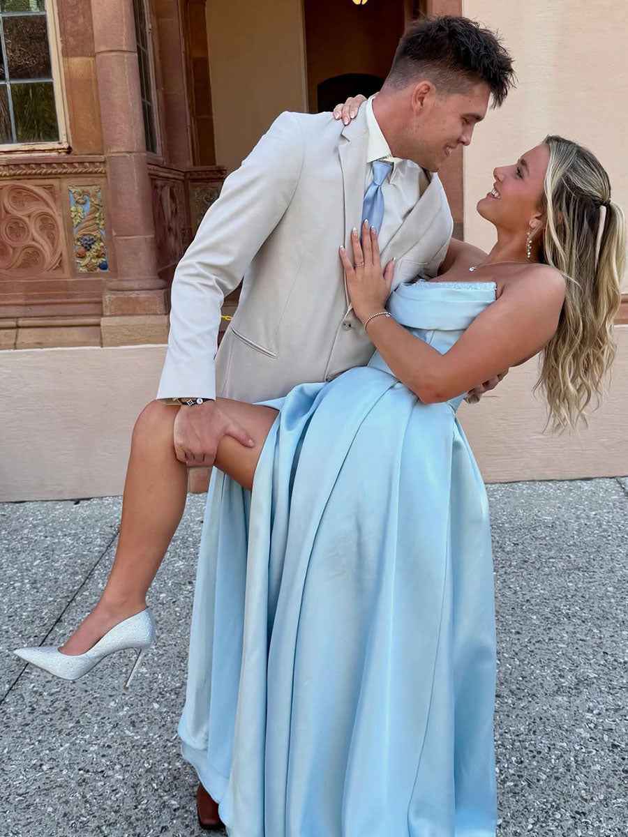 Satin A-Line Beaded Corset Prom Dress with High Slit