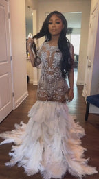 The Silver Swan - 2026 Silver Crystal Feather Illusion Mermaid Gown: Plunging V-Neckline with Sheer Bodice, Crystal Beadwork & White Feather Skirt