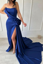 BMbride Sexy Simple Long Royal Blue Strapless Satin Prom Dress With Slit BMbride