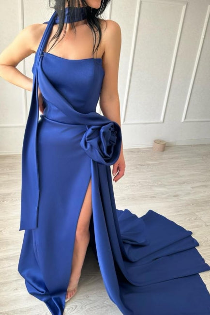BMbride Sexy Simple Long Royal Blue Strapless Satin Prom Dress With Slit BMbride