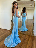 Elegant Mermaid Spaghetti Straps Beaded Satin Long Prom Dress BM bride