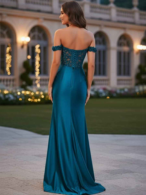 Sheath Off-the-Shoulder Appliques Lace Corset Prom Dress BMBRIDE
