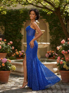 Sheath Spaghetti Straps Corset Long Prom Dress with Slit