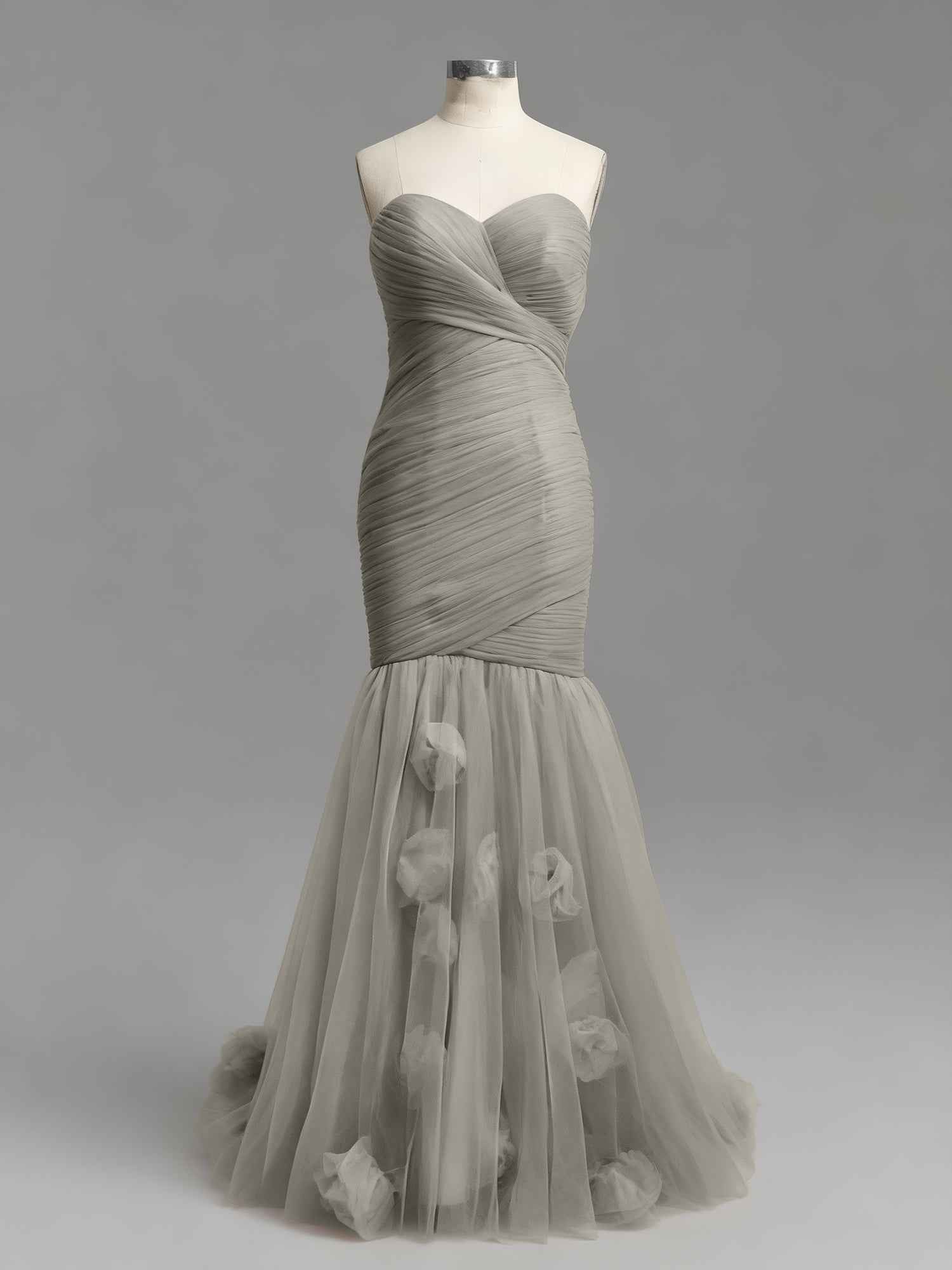 Dusty Rose Mermaid Strapless Ruched Tulle Prom Dress with 3D Floral