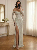 Silver Sequin Off-the-Shoulder Long Sleeves Corset Prom Dress with Slit