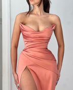 BMbride Simple Long Mermaid Sexy High Split Satin Sleeveless Prom Dress BMbride