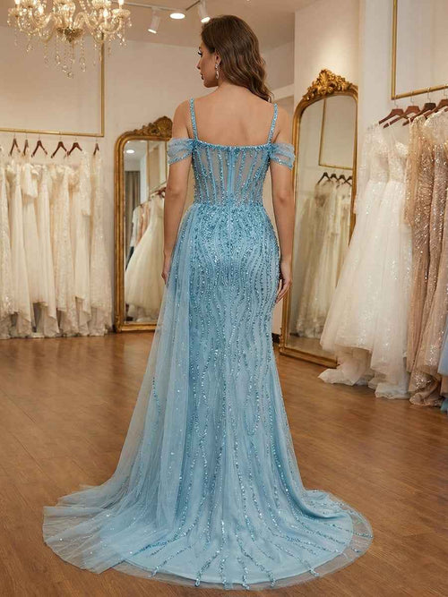 Sky Blue Beaded Tulle Long Corset Prom Dress with Slit BMBRIDE
