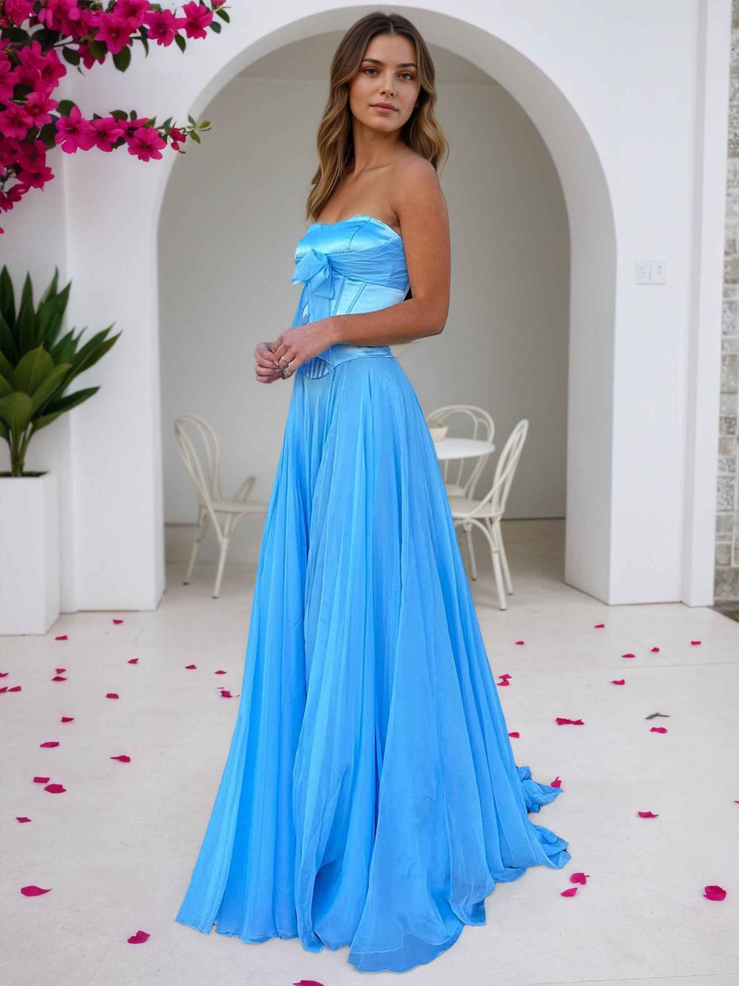 Sky Blue Strapless A-Line Corset Bodice Prom Dress with Bow