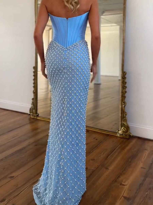 Sky Blue Strapless Pearl Lattice Corset Prom Dress with Slit BMBRIDE