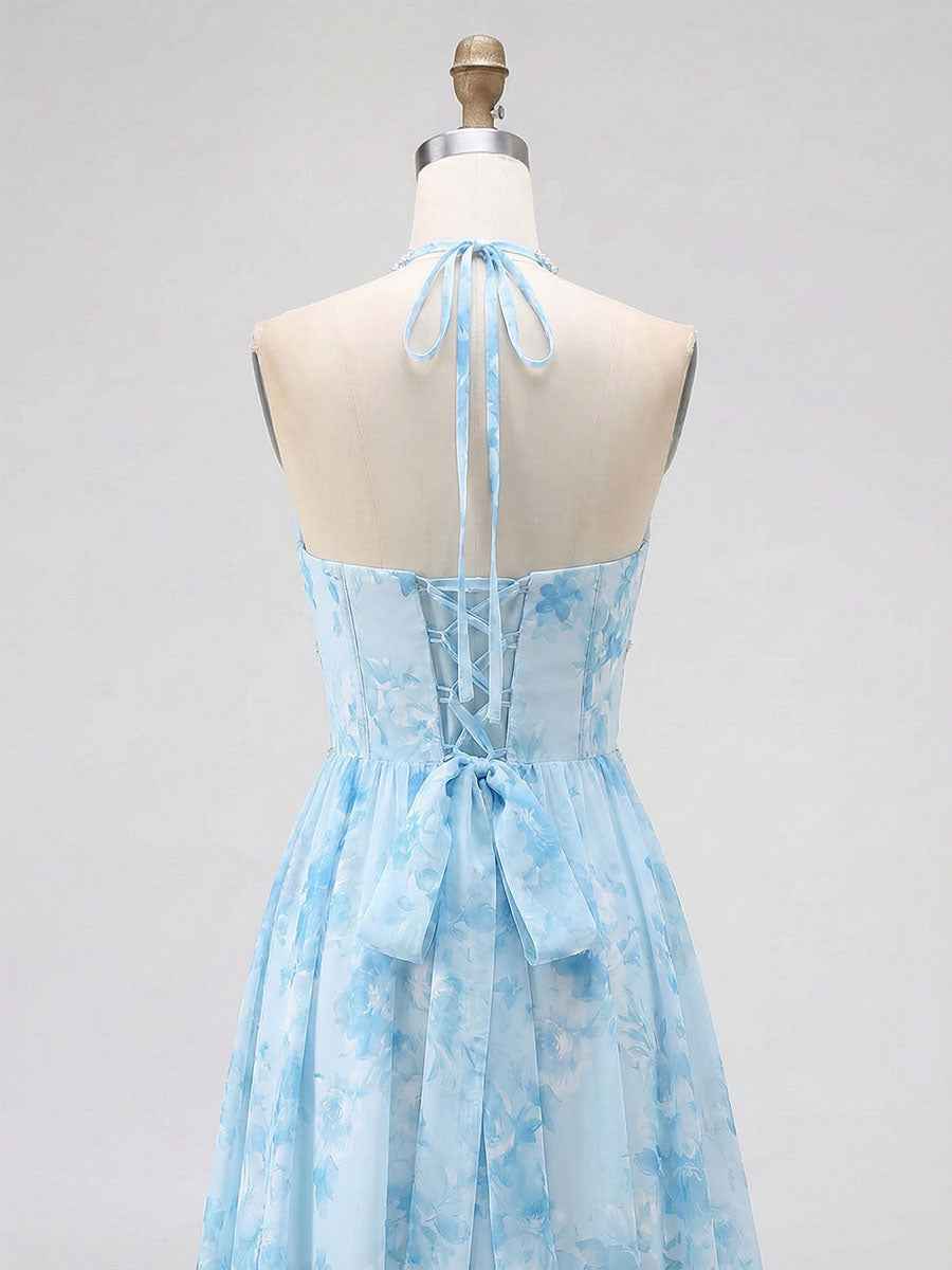 Sky Blue Watercolor Floral Halter Ruffled Hem Prom Dress with Crystal Trim