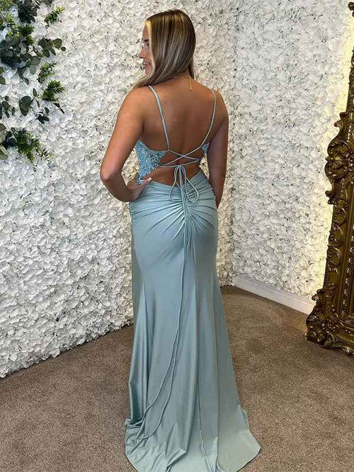 Sky Blue Mermaid Spaghetti Straps Backless Long Prom Dress with Slit BMBRIDE