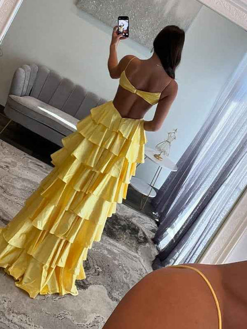 Yellow Spaghetti Straps V-Neck Layered Satin Prom Dress with Slit BMBRIDE