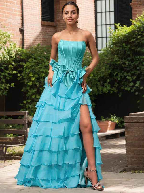 Blue A Line Strapless Long Pleated Prom Dress With Slit BMBRIDE