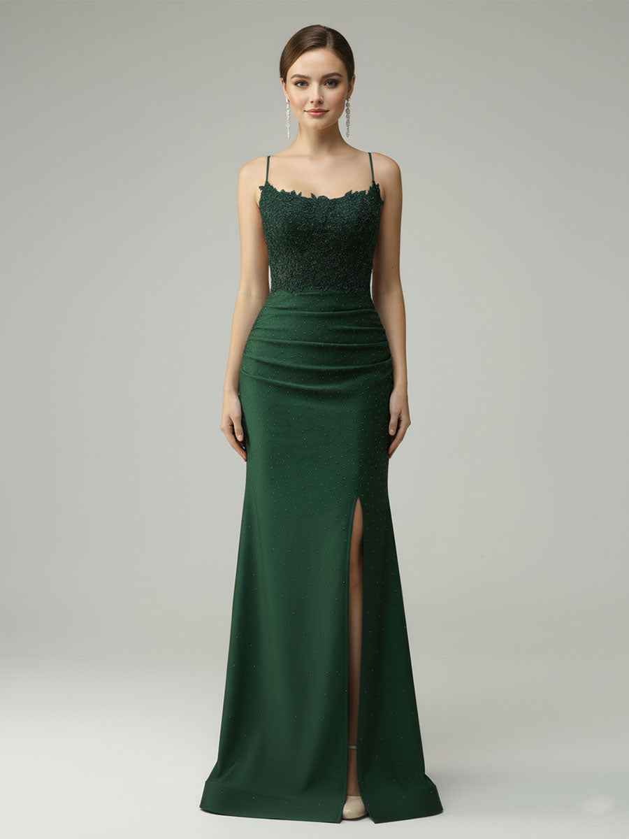 Spaghetti Straps Mermaid Halter Beaded Long Prom Dress with Slit