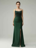 Spaghetti Straps Mermaid Halter Beaded Long Prom Dress with Slit