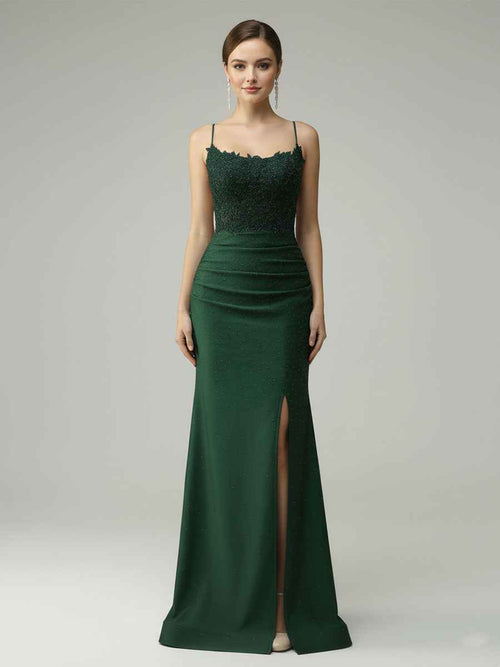 Spaghetti Straps Mermaid Halter Beaded Long Prom Dress with Slit BMBRIDE