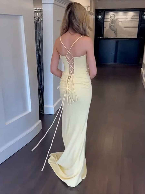 Spaghetti Straps Beaded Satin Mermaid Long Prom Dress with Slit BMBRIDE