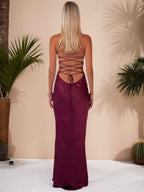 Spaghetti Straps Lace Up Satin Long Prom Dress