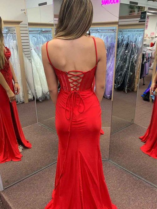 Red Mermaid Spaghetti Straps Appliqued Long Prom Dress with Slit BMBRIDE