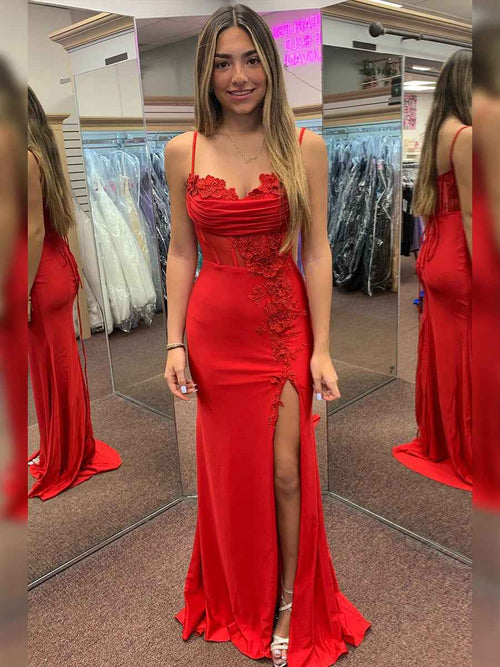 Red Mermaid Spaghetti Straps Appliqued Long Prom Dress with Slit BMBRIDE