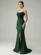 Spaghetti Straps Mermaid Halter Beaded Long Prom Dress with Slit