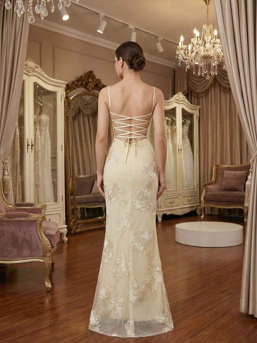 Spaghetti Straps Floral Embroidered Corset Mermaid Long Prom Dress BMBRIDE