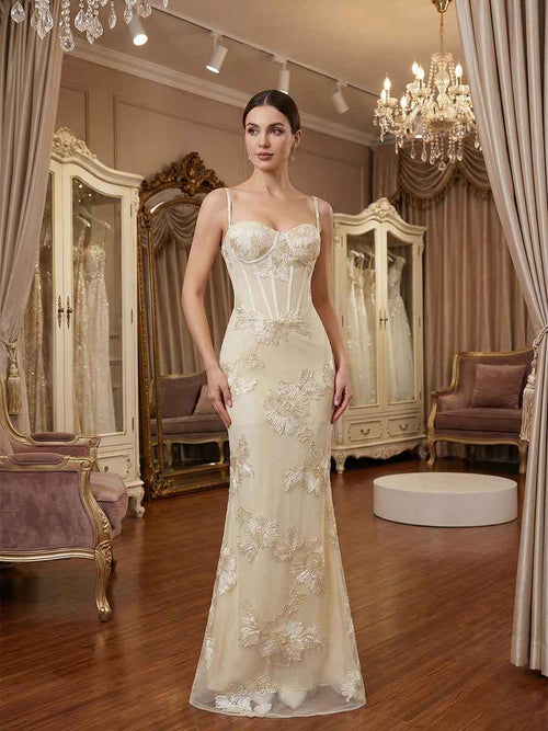 Spaghetti Straps Floral Embroidered Corset Mermaid Long Prom Dress BMBRIDE