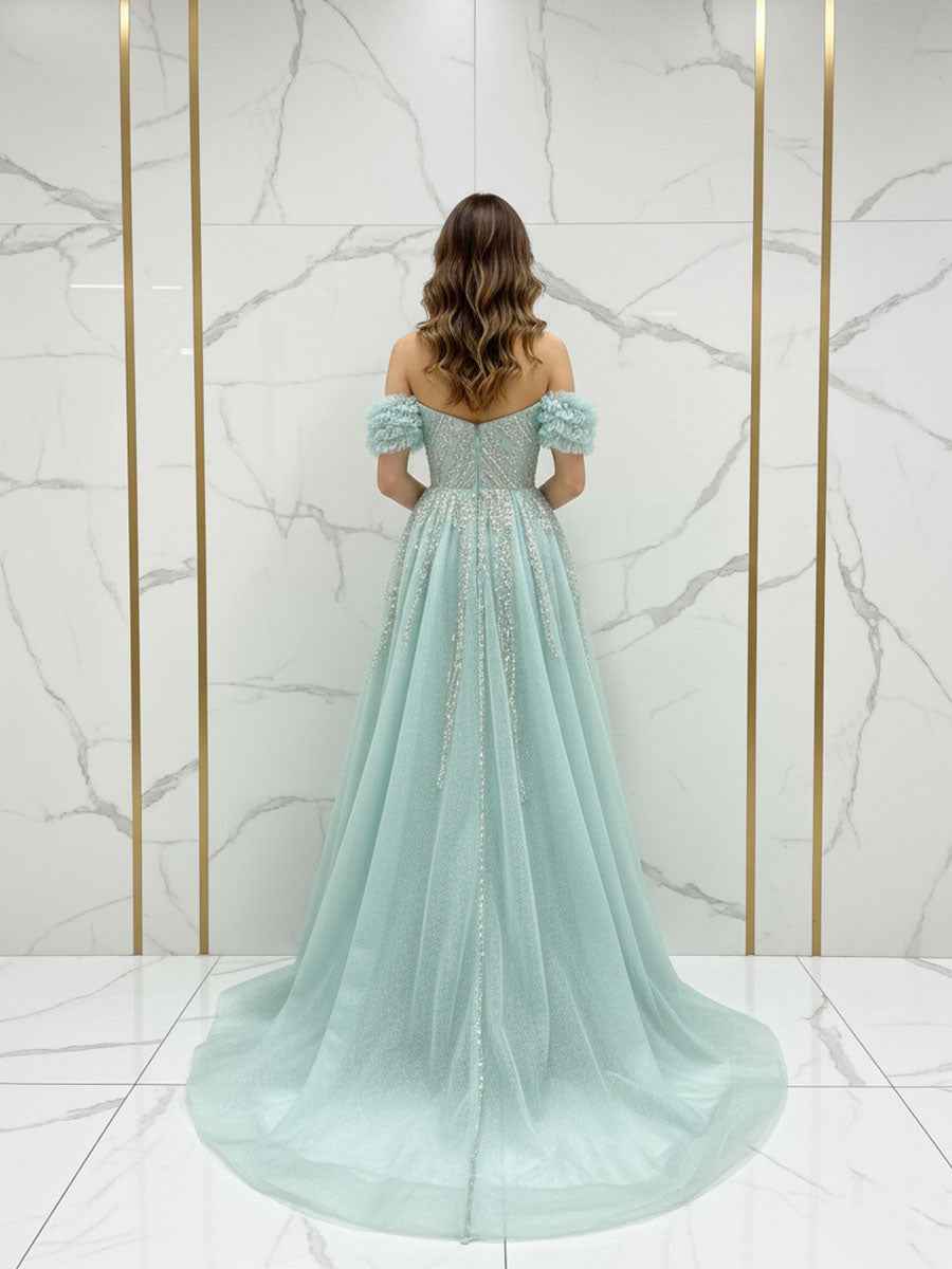 Sparkling Aqua Blue Off-the-Shoulder Beaded Prom Dress with Slit