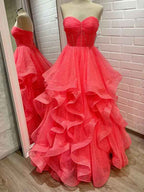 Sparkling Coral Strapless Corset Prom Dress with Tiered Ruffles