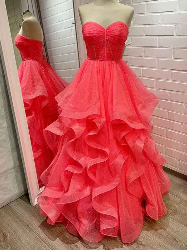 Sparkling Coral Strapless Corset Prom Dress with Tiered Ruffles