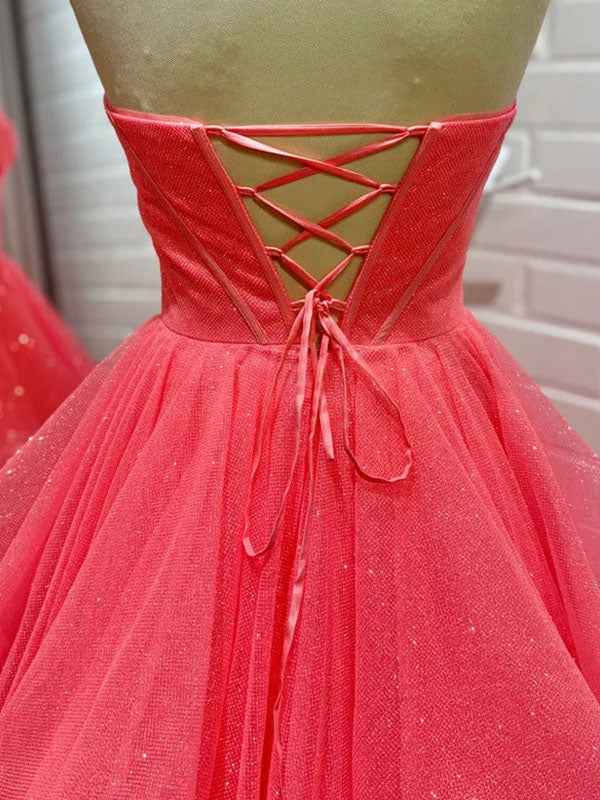 Sparkling Coral Strapless Corset Prom Dress with Tiered Ruffles