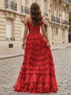 Sparkling Royal Blue Off The Shoulder Tiered Ruffle Corset Prom Dress with Slit