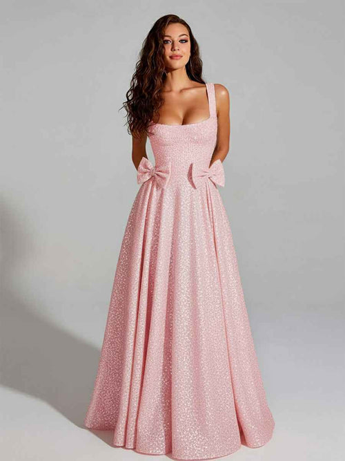 Sparkly A Line Square Neck Long Prom Dress BMBRIDE