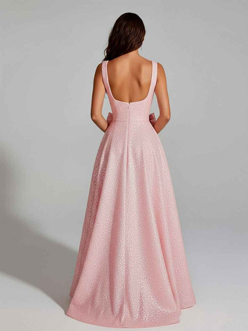 Sparkly A Line Square Neck Long Prom Dress BMBRIDE