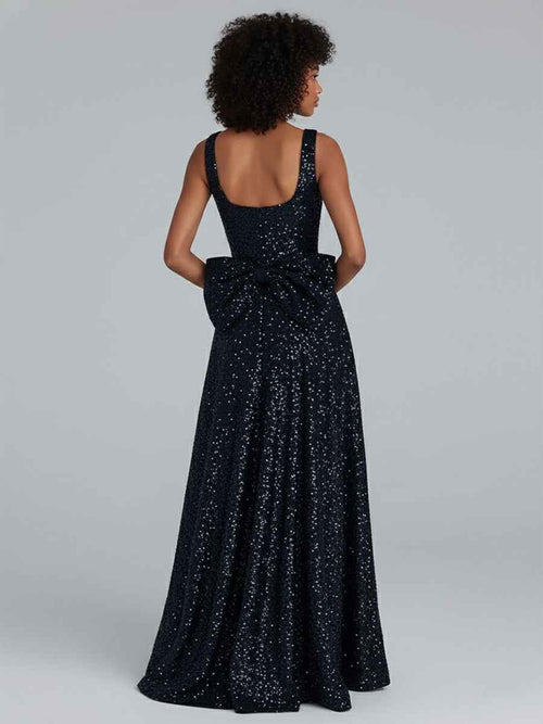 Sparkly A Line Square Neck Long Prom Dress with Bow BMBRIDE