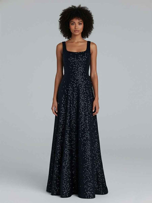 Sparkly A Line Square Neck Long Prom Dress with Bow BMBRIDE