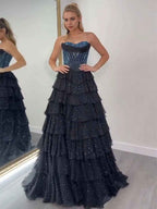 Sparkly A Line Sweetheart Tiered Chiffon Prom Dress with Slit