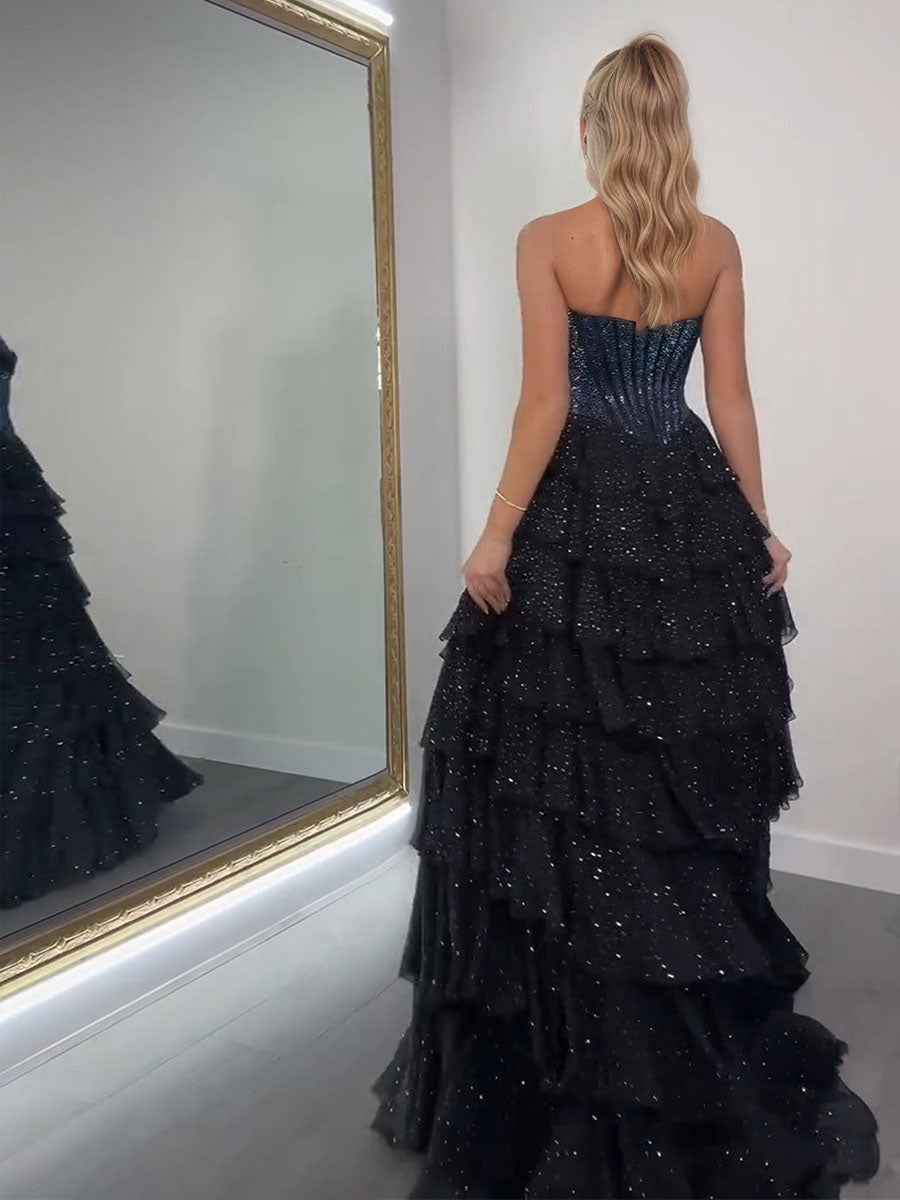 Sparkly A Line Sweetheart Tiered Chiffon Prom Dress with Slit