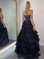 Sparkly A Line Sweetheart Tiered Chiffon Prom Dress with Slit