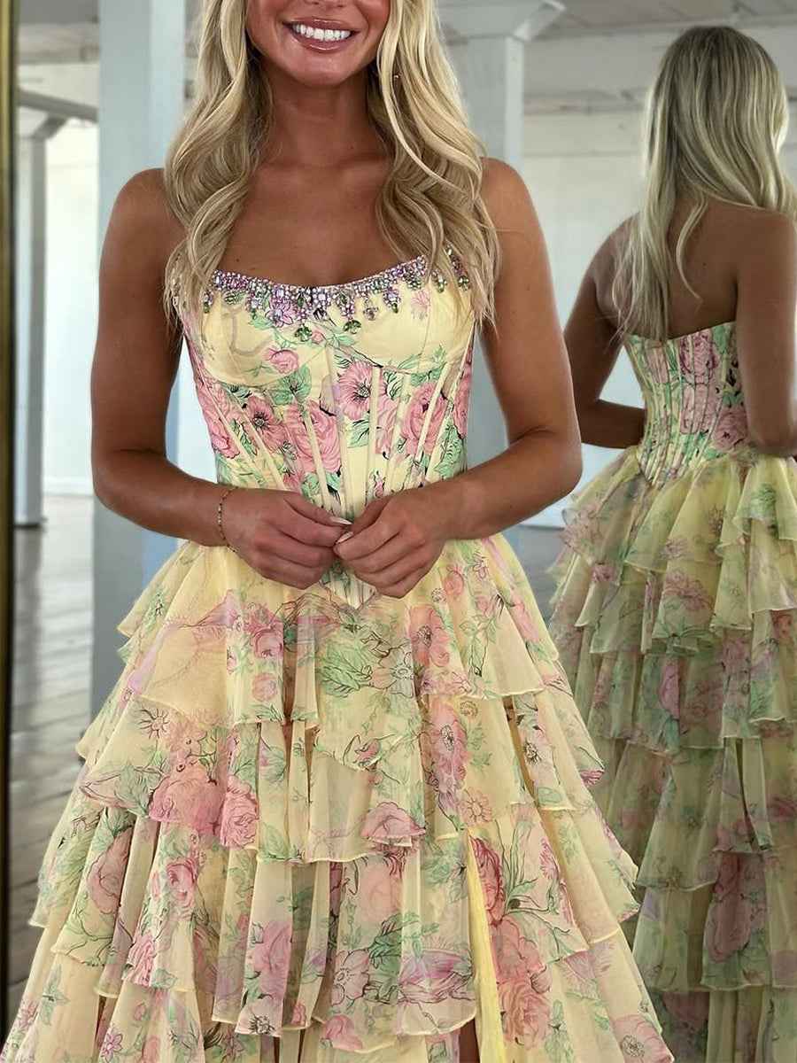 Sparkly Blue Floral Corset Ruffled Long Prom Dress with Slit