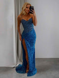 Strapless Sweetheart Sequins Bodycon Long Prom Dress with Beading