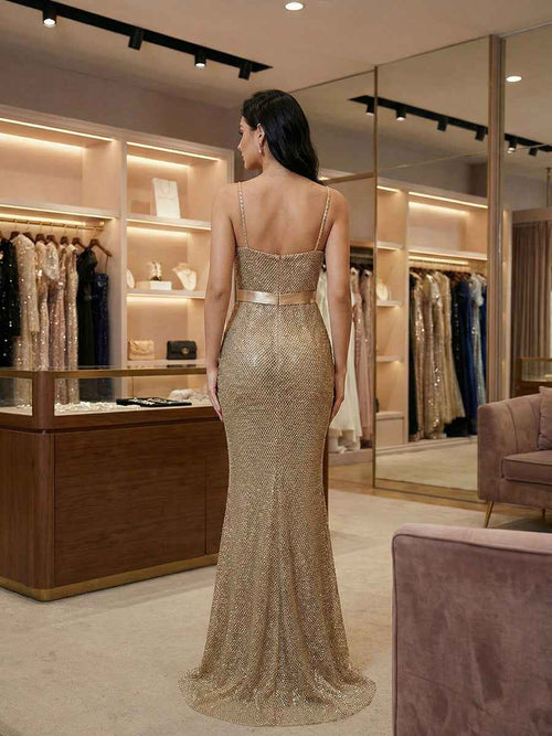 Sparkly Champagne Spaghetti Straps Prom Dress with Statement Bow BMBRIDE