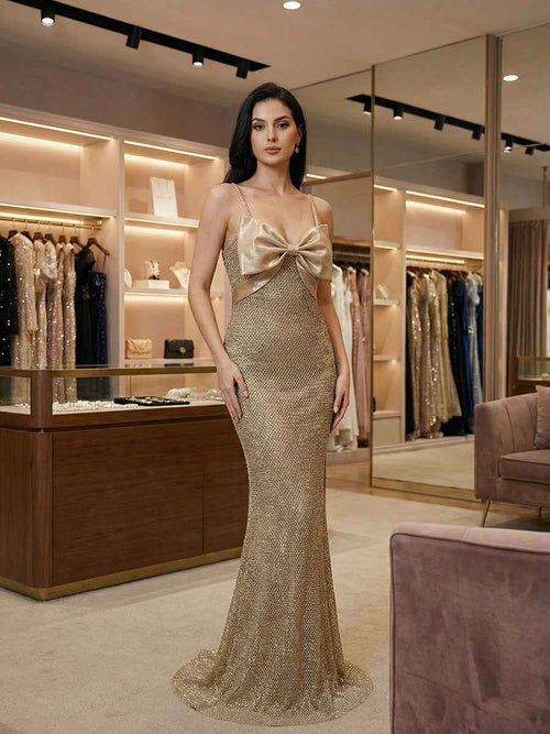 Sparkly Champagne Spaghetti Straps Prom Dress with Statement Bow BMBRIDE